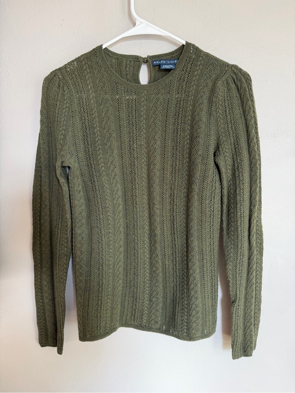 Ralph Lauren Pointelle Merino Wool Knit Crewneck Sweater Green M